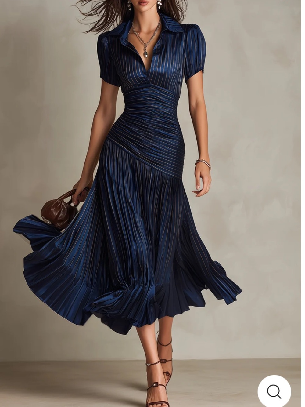 Futario Retro Striped Satin Pleated Bodycon Midi Dress